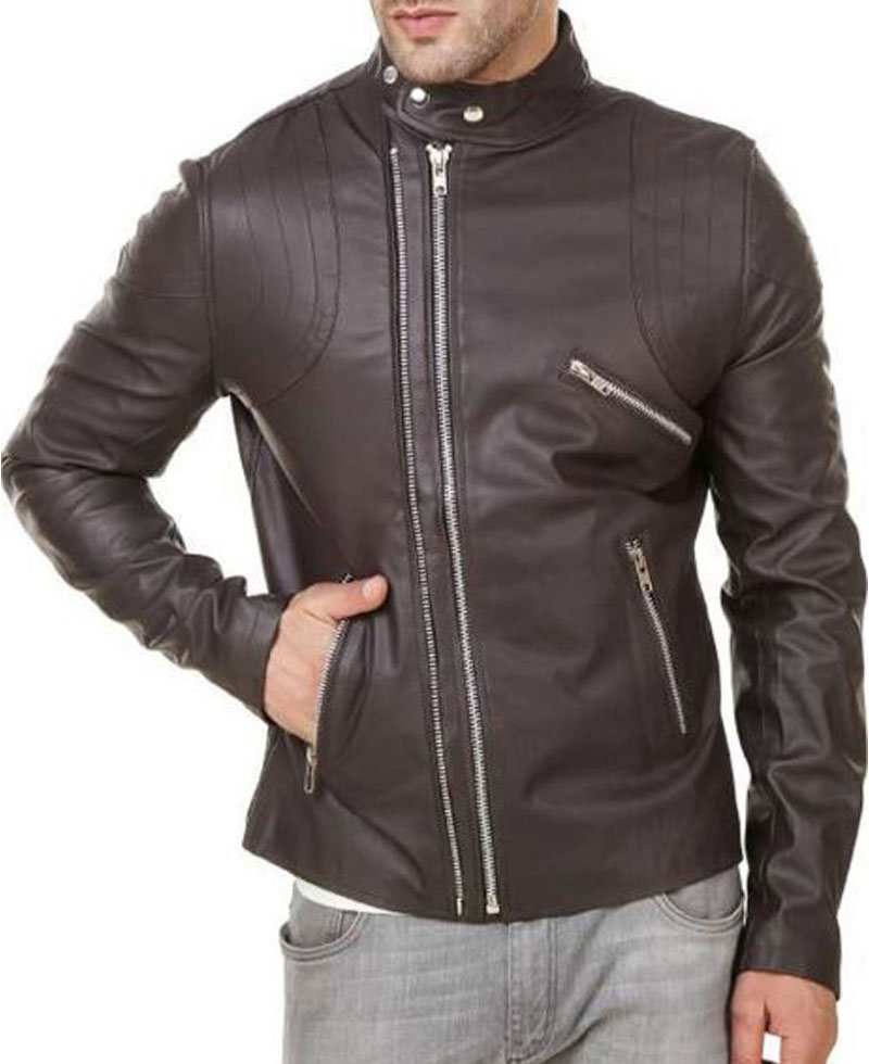 Men's FJM547 Dual Zipper Biker Brown Leather Jacket