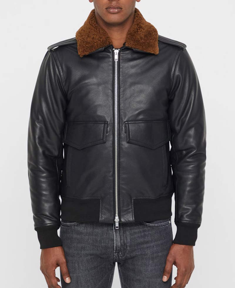 Men's Grain Black Leather Bomber Jacket with Brown Faux Fur Collar