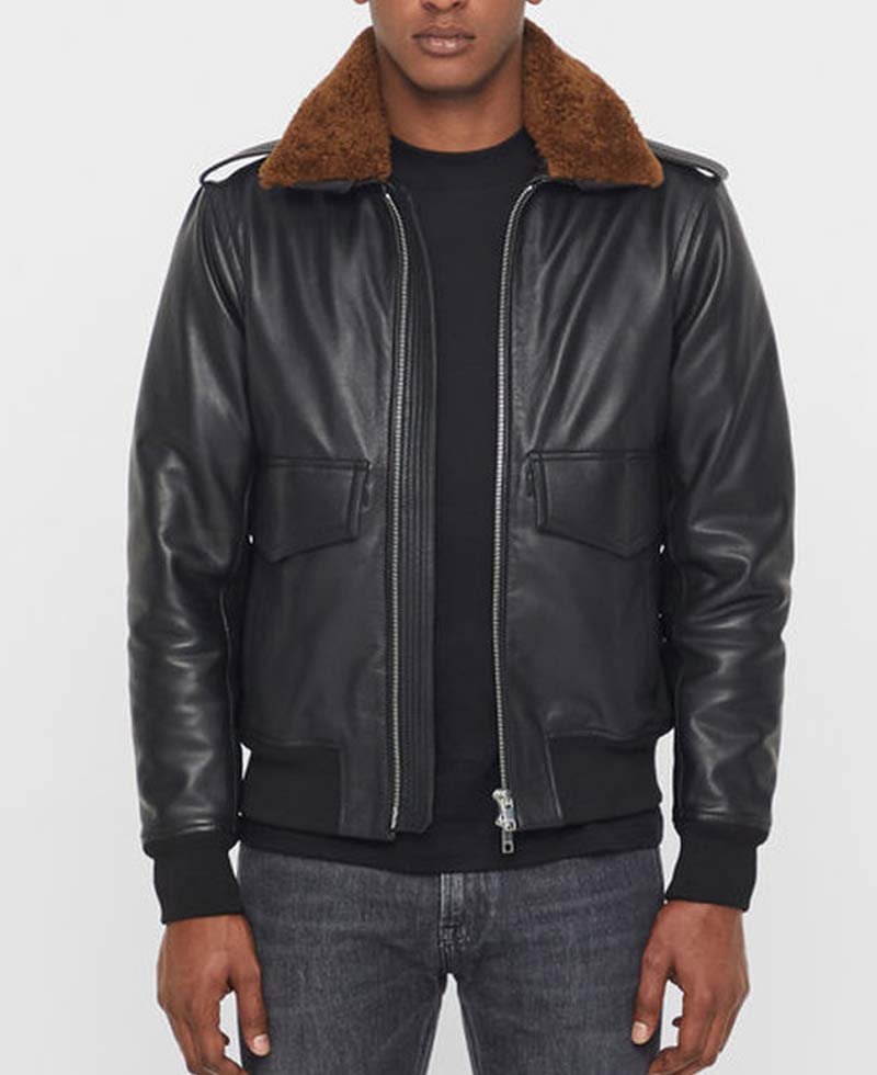 Men's Grain Black Leather Bomber Jacket with Brown Faux Fur Collar