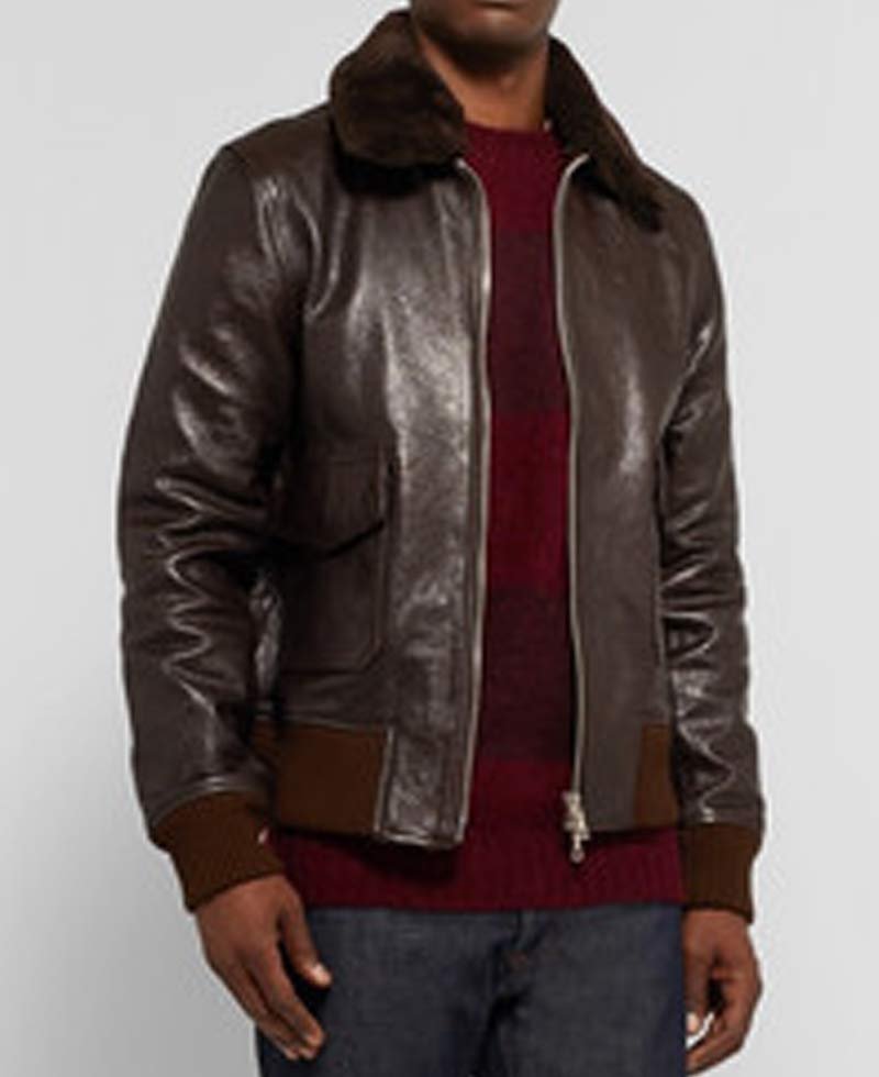 Men's John Bomber Brown Leather Jacket with Fur Collar