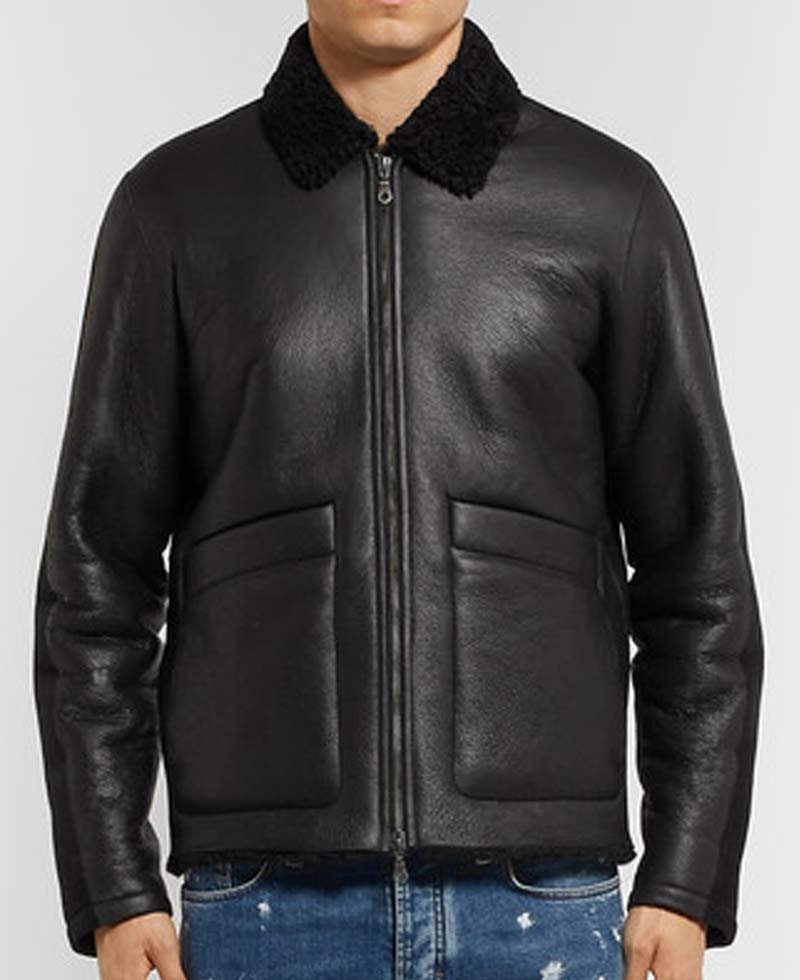 Men's Large Pockets Style Fur Collar Shearling Black Leather Jacket