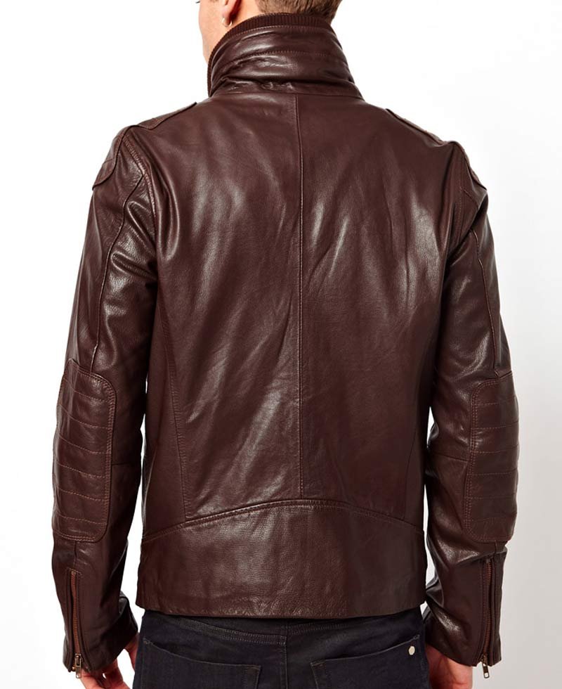 Men's High Neck Collar Brown Leather Jacket