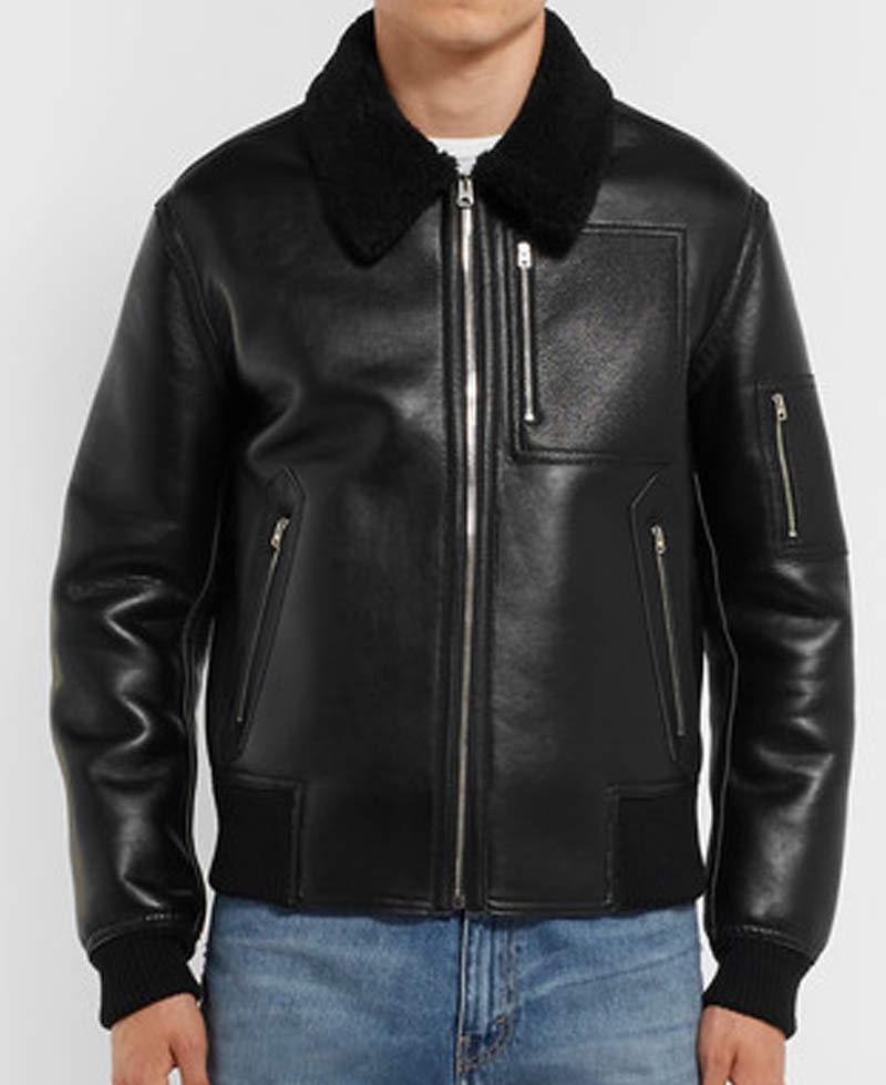 Men's MA 1 Bomber Black Leather Jacket with Fur Collar