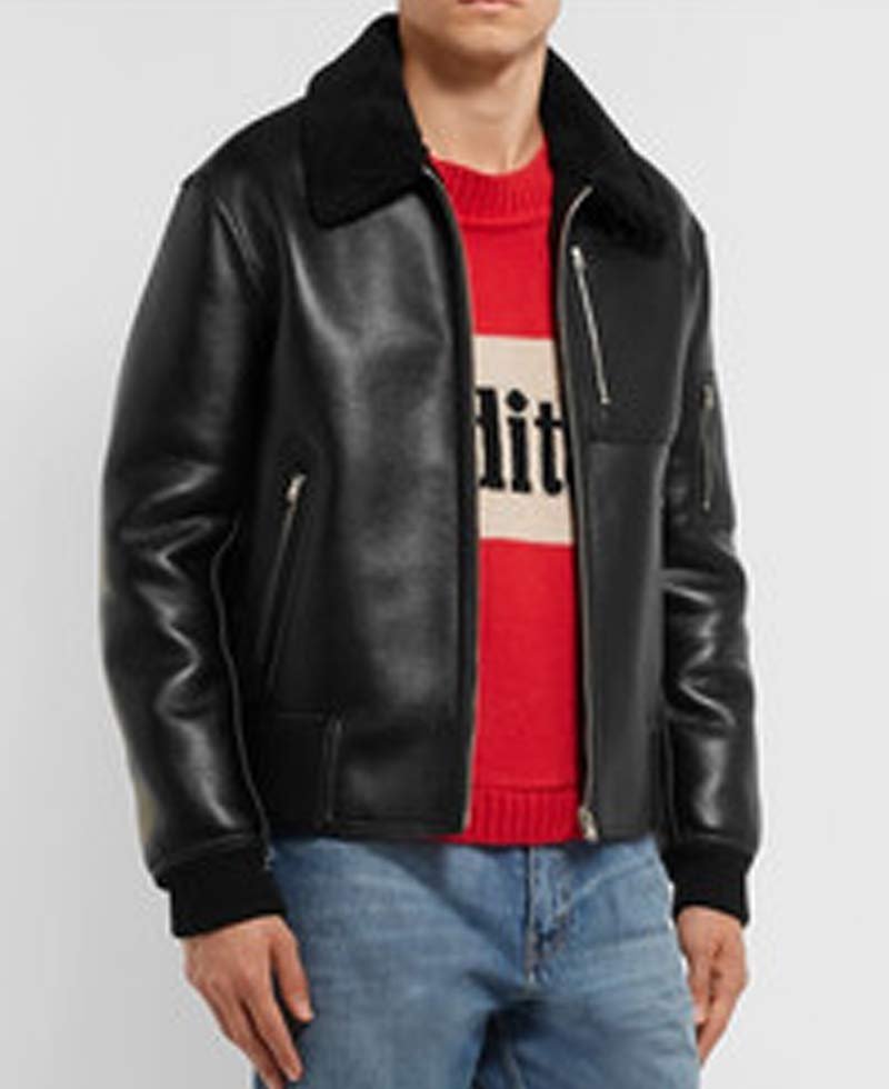 Men's MA 1 Bomber Black Leather Jacket with Fur Collar