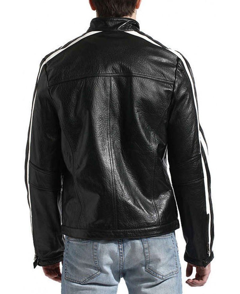 Men's White Striped Desing Biker Style Black Leather Jacket
