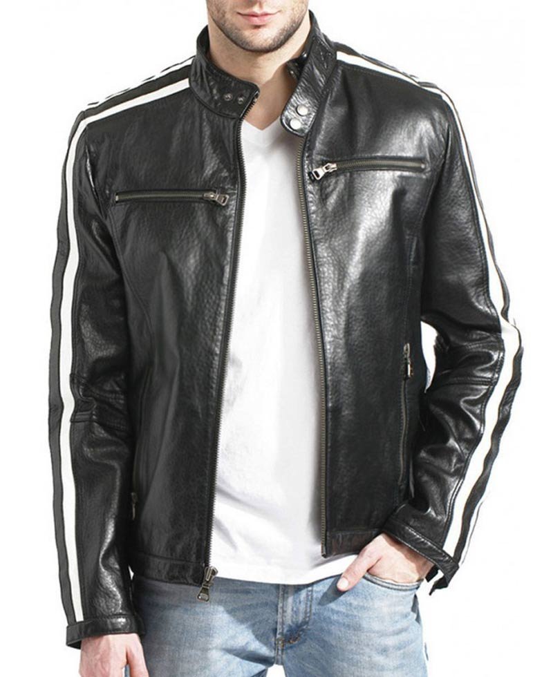 Men's White Striped Desing Biker Style Black Leather Jacket