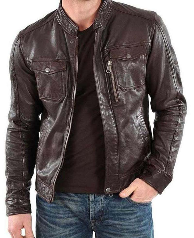 Men's Casual Biker Style Dark Brown Leather Jacket