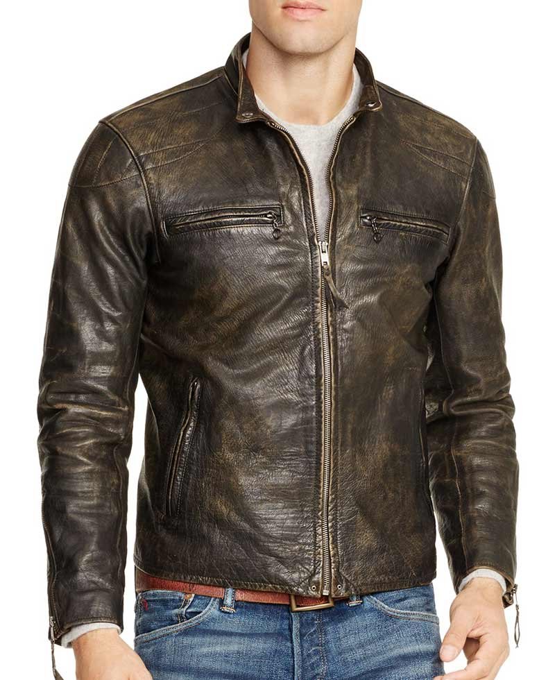 Men's Dark Brown Distressed Leather Biker Jacket