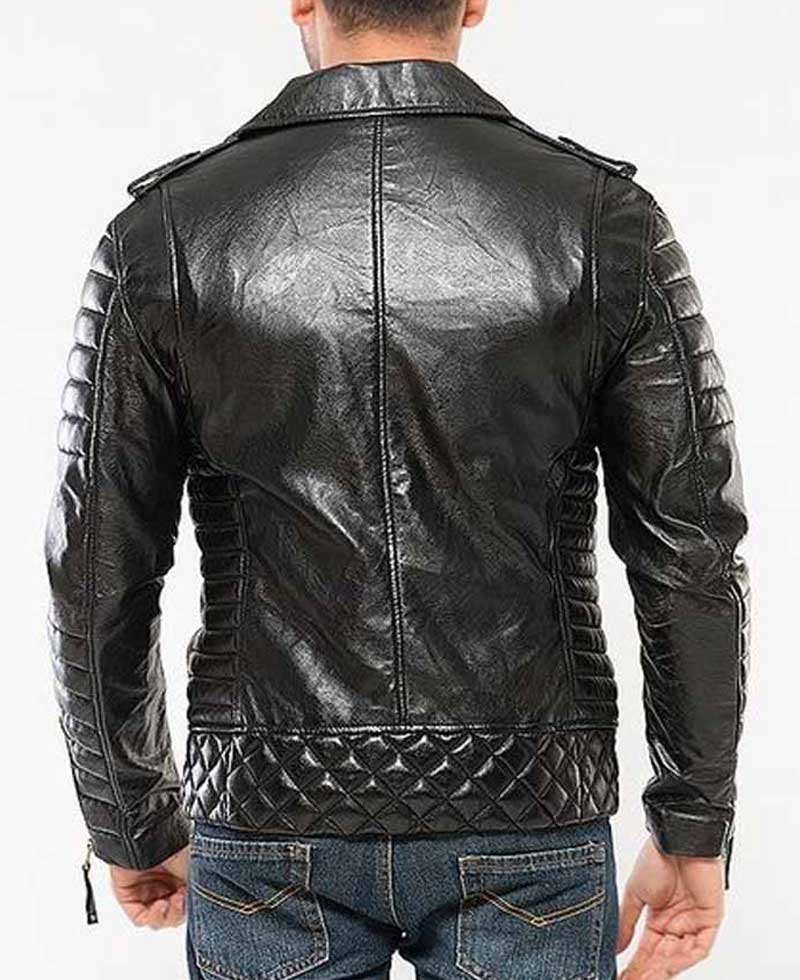 Men's Asymmetrical Biker Padded Black Leather Jacket