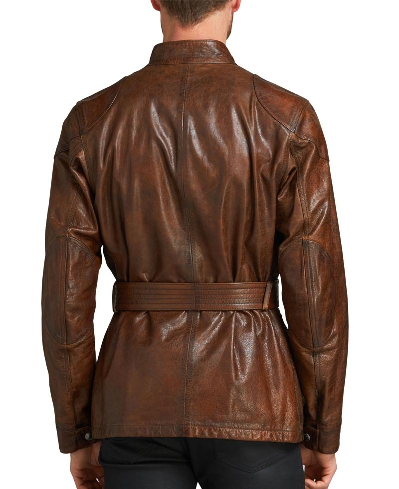 Men's Biker Belted Waxed Brown Leather Jacket