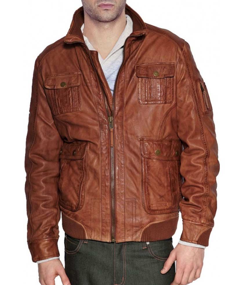 Men's Unique Style Bomber Tan Brown Leather Jacket