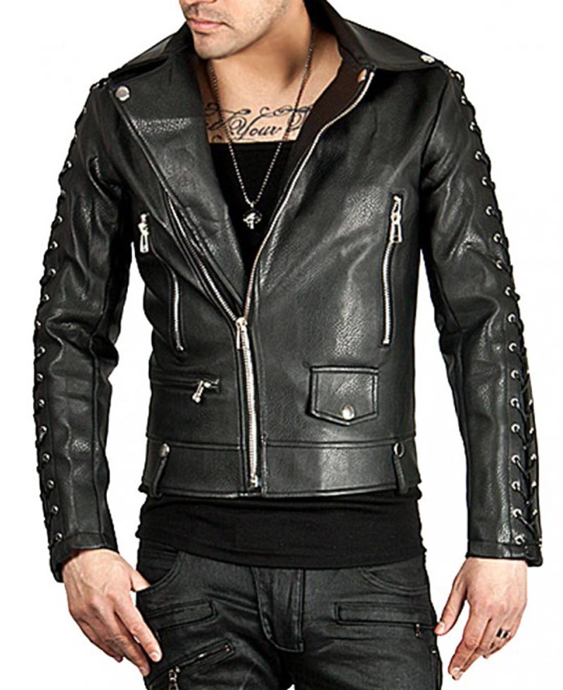 Mens New Style Laces Sleeves Designer  Leather Jacket  