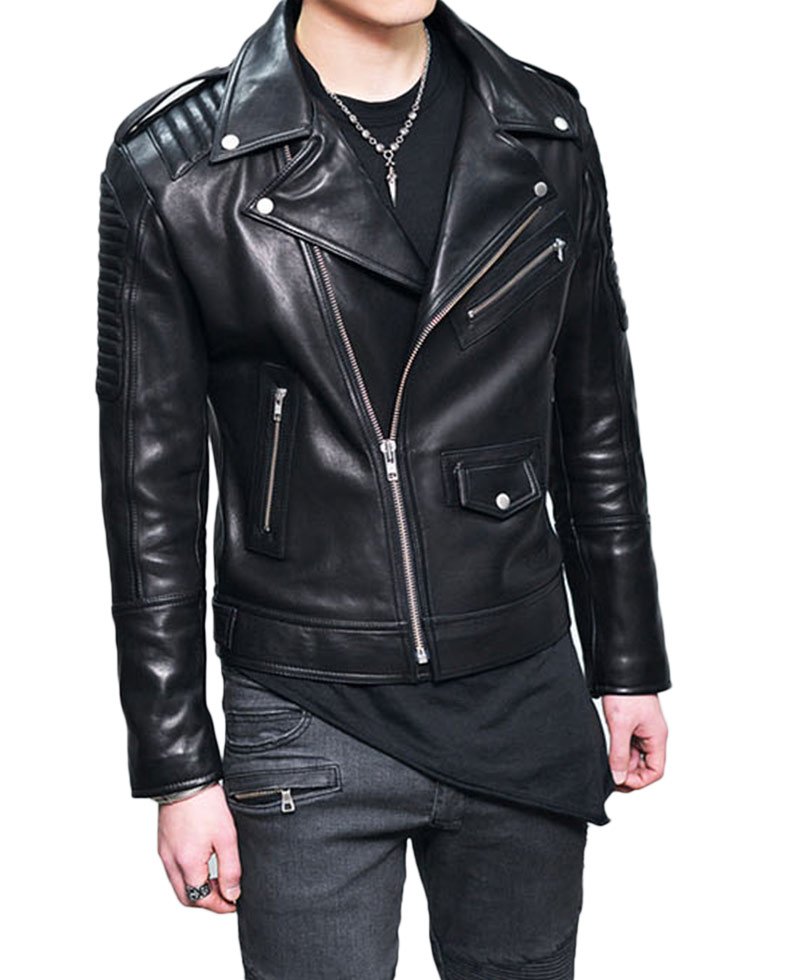 Men's Motorcycle Padded Design Asymmetrical Black Leather Jacket