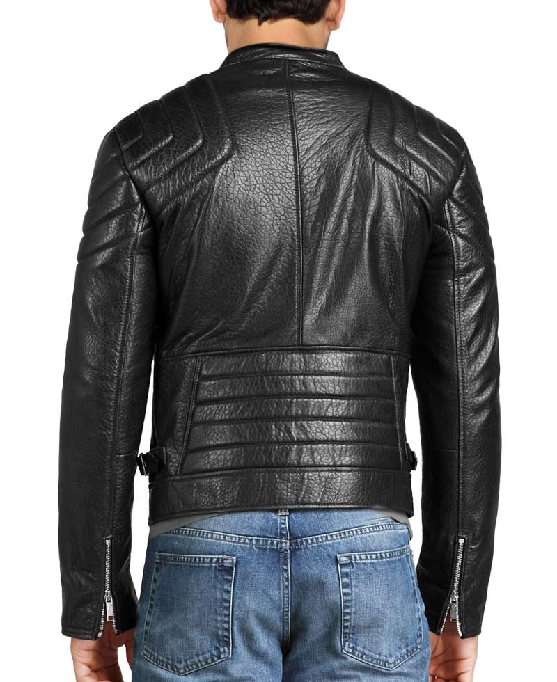 Men's Asymmetrical Zipper Padded Shoulder Black Leather Jacket