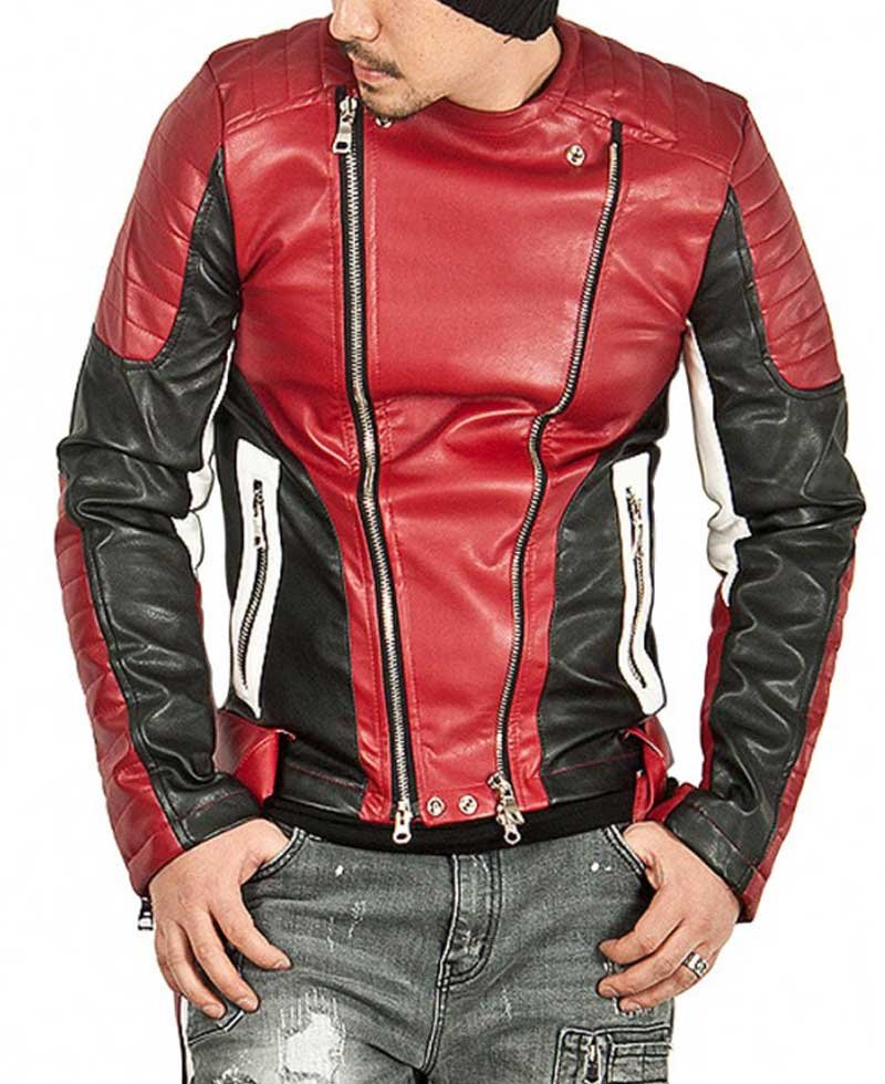 Men's Padded Sleeves Design Red Leather Biker Jacket
