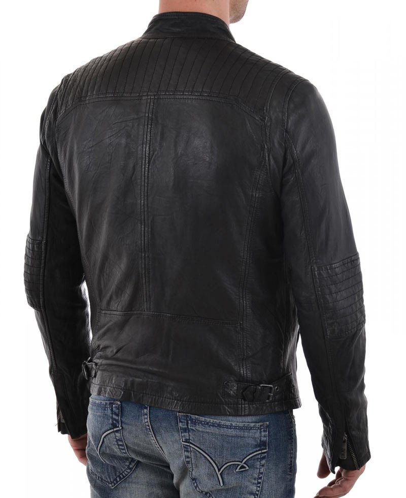Men's Quilted Shoulder Biker Style Black Leather Jacket