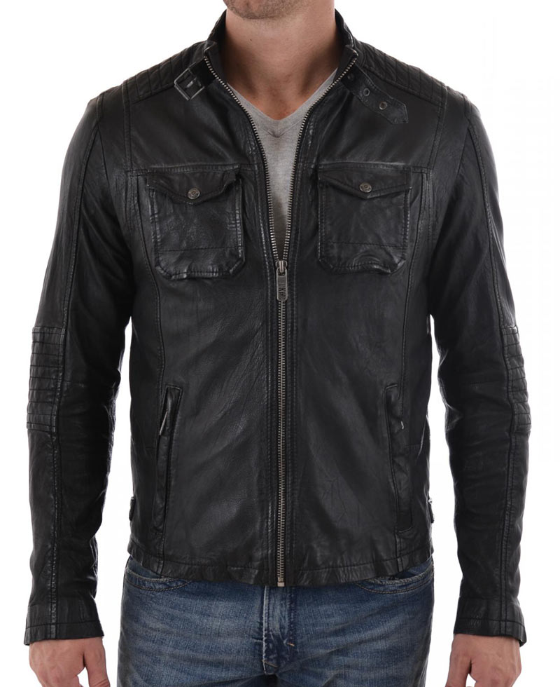 Men's Quilted Shoulder Biker Style Black Leather Jacket