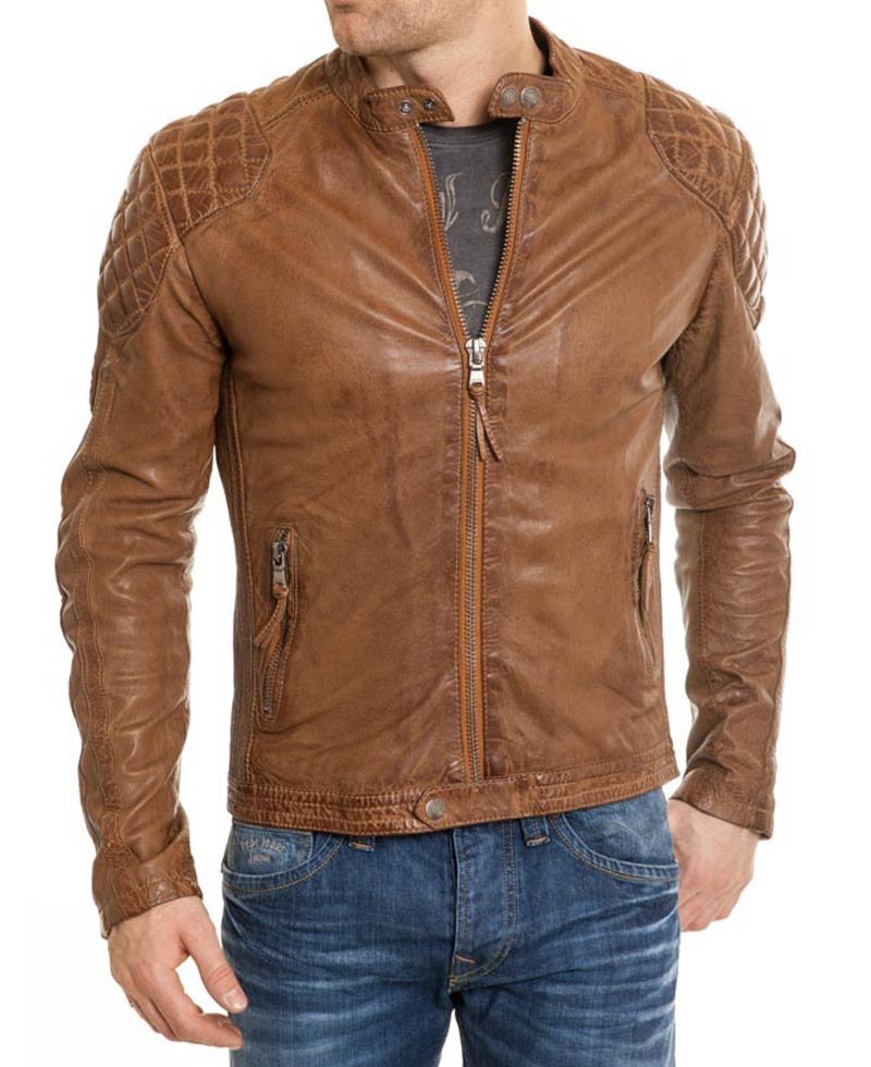 Men's Waxed Leather Quilted Shoulders Brown Motorcycle Jacket
