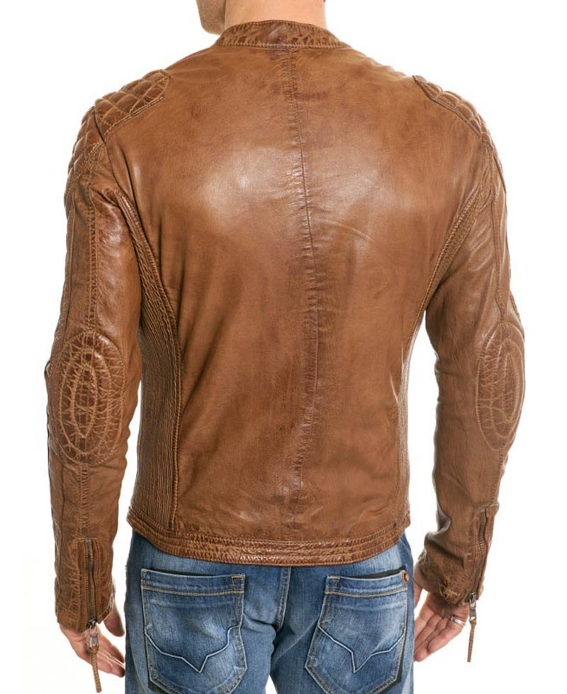 Men's Waxed Leather Quilted Shoulders Brown Motorcycle Jacket