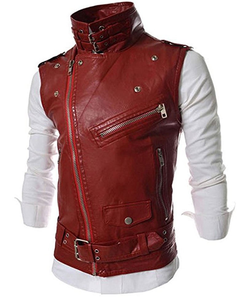 Men's Slim Fit Red Leather Vest