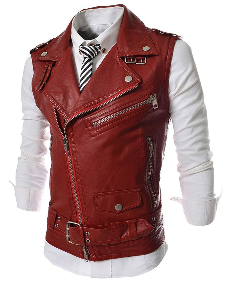 Men's Slim Fit Red Leather Vest