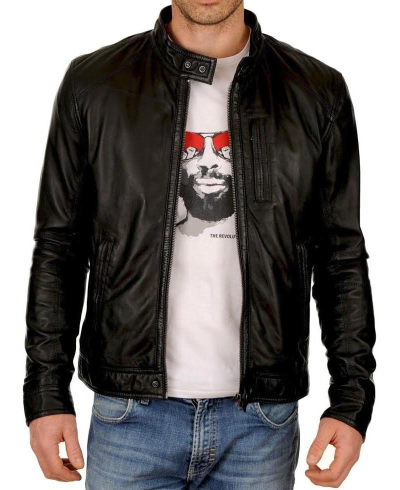 Men's Round Neck Snap Button Collar Leather Jacket