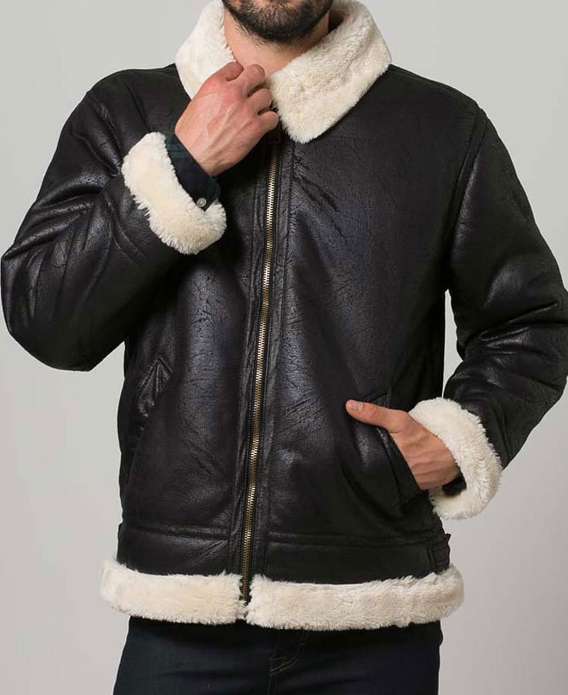 Men's Aviator Black Leather Shearling Jacket