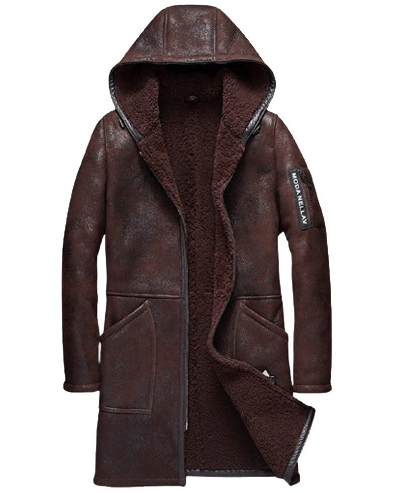 Men's Dark Brown Shearling Winter Leather Hooded Coat