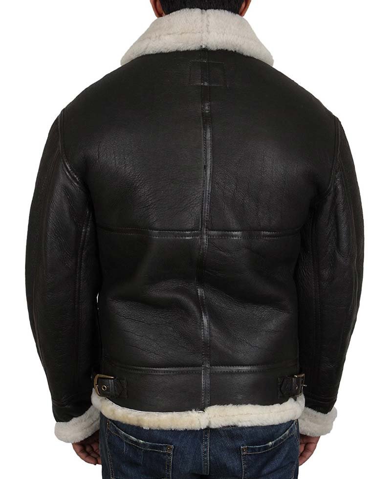 Men's White Shearling Sheepskin Dark Brown Leather Jacket