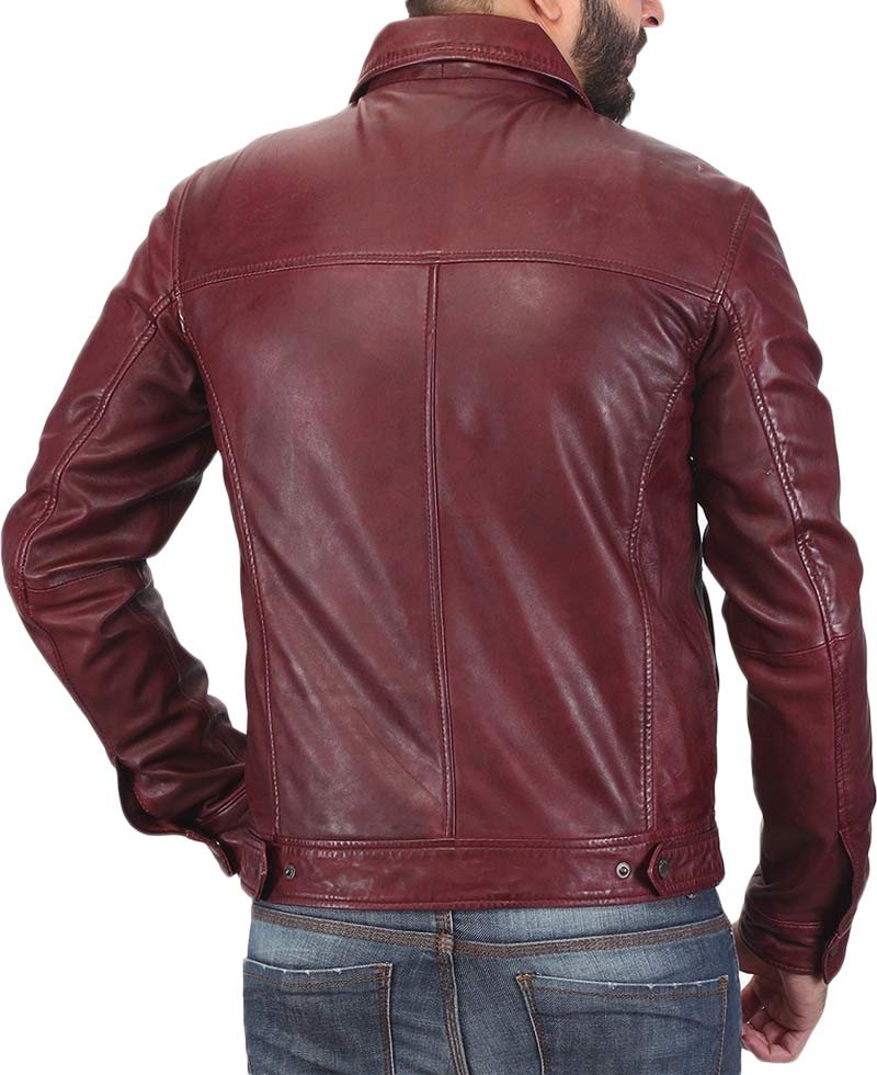 Men's Casual Shirt Collar Burgundy Leather Jacket