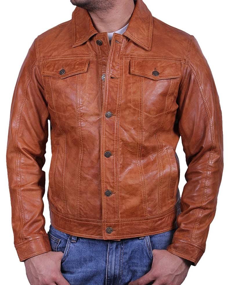 Men's Casual Shirt Collar Tan Brown Lambskin Leather Jacket