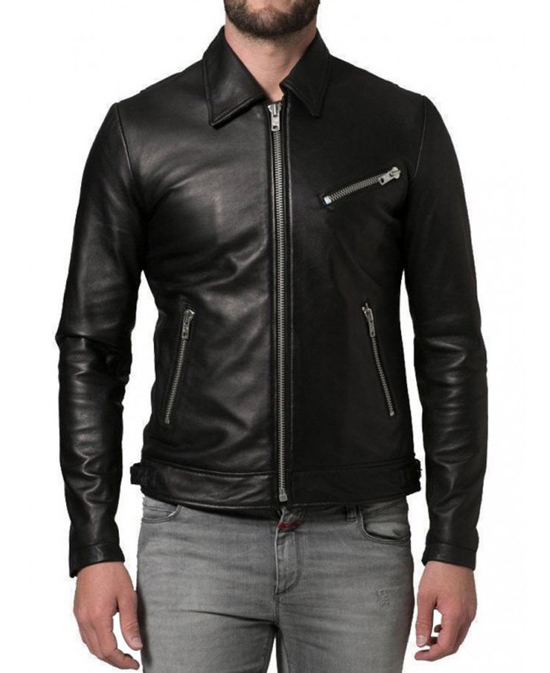Shirt Collar Soft Lambskin Leather Jacket for Men