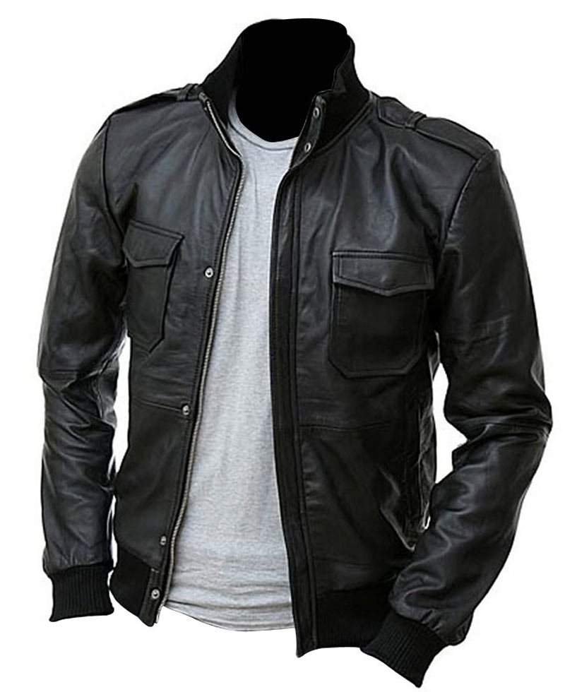 Men's Biker Style Slim Fit Bomber Black Leather Jacket
