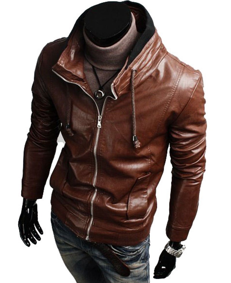 Men's Stand Collar Slim Fit Brown Leather Jacket