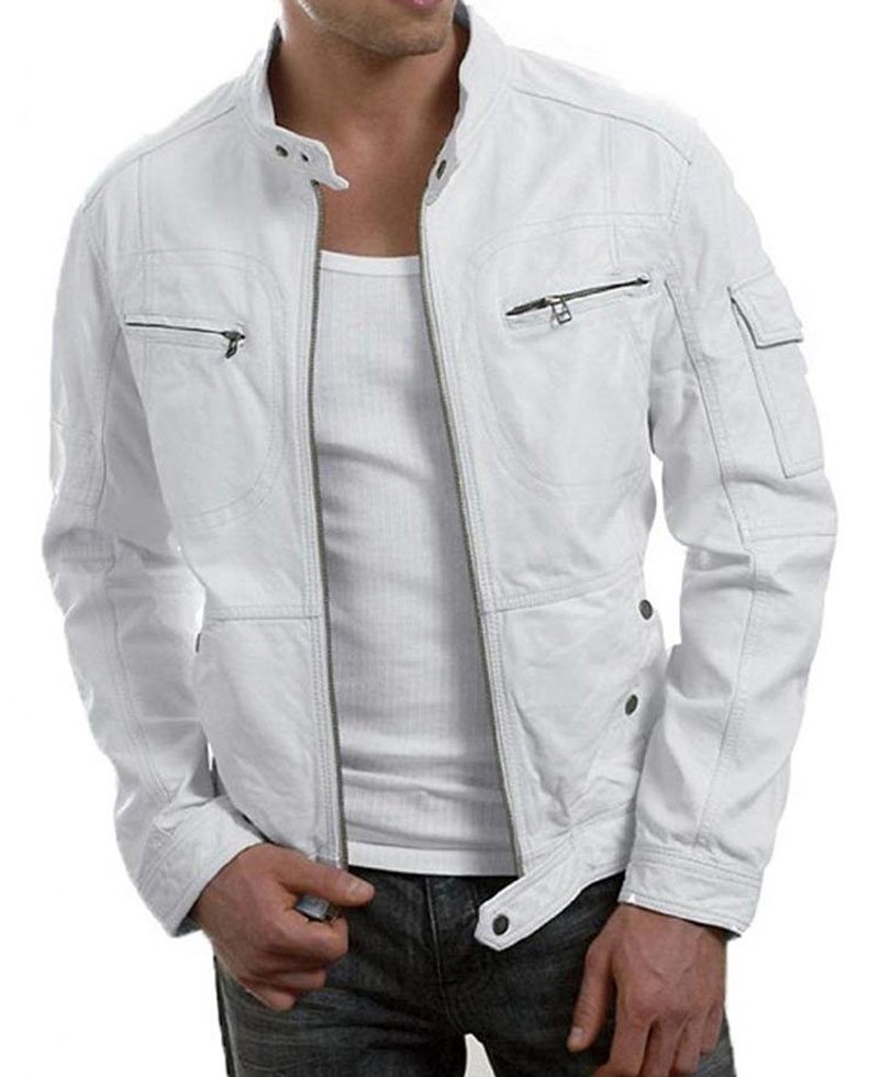 Men's Casual Slim Fit White Leather Biker Jacket