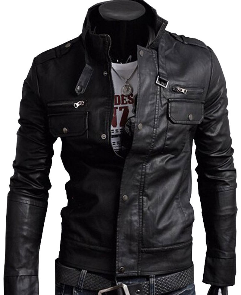 Men S Slim Fit Multi Pocket Buckle Collar Black Faux Leather Jacket Men S Slim Fit Multi Pocket Buckle Collar Black Faux Leather Jacket