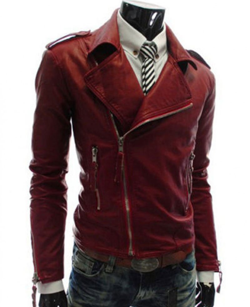 Men's Asymmetrical Zipper Style Faux Slim Fit Red Leather Jacket