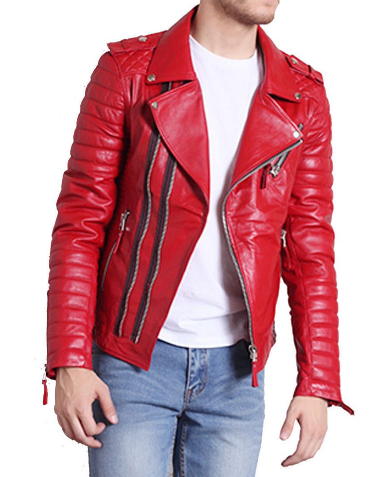 Men's Asymmetrical Style Slim Fit Padded Red Leather Moto Jacket