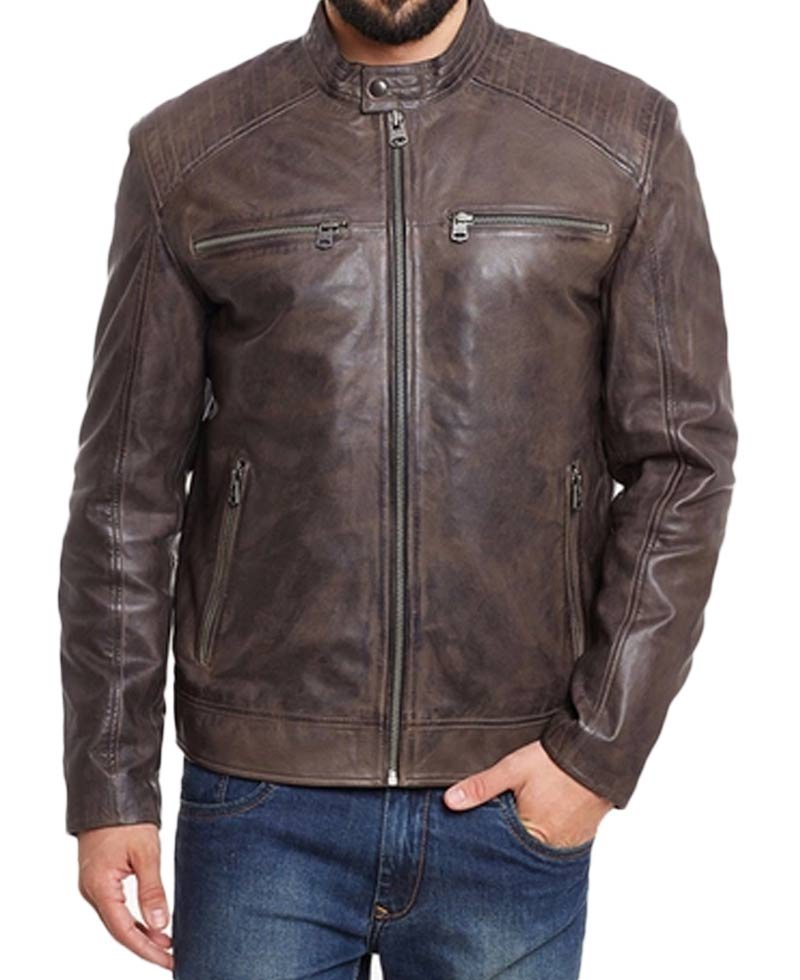 Men's Motorcycle Snap Button Brown Waxed Leather Jacket
