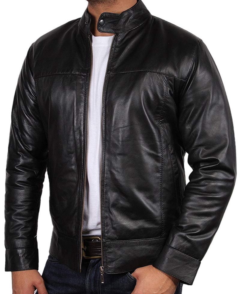 Men's Simple Look Snap Tab Collar Black Leather Jacket