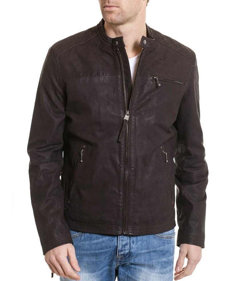 Men's Simple Look Snap Tab Collar Brown Leather Jacket