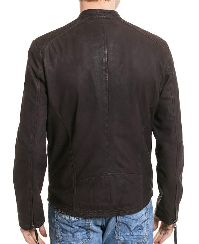 Men's Simple Look Snap Tab Collar Brown Leather Jacket