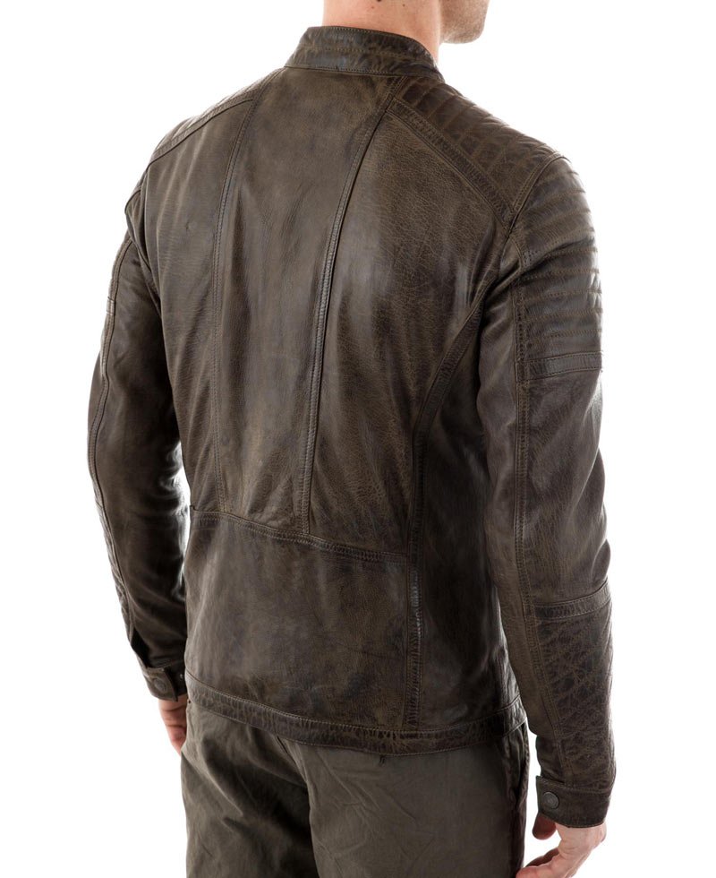 Men's Waxed Brown Leather Quilted Shoulder Jacket