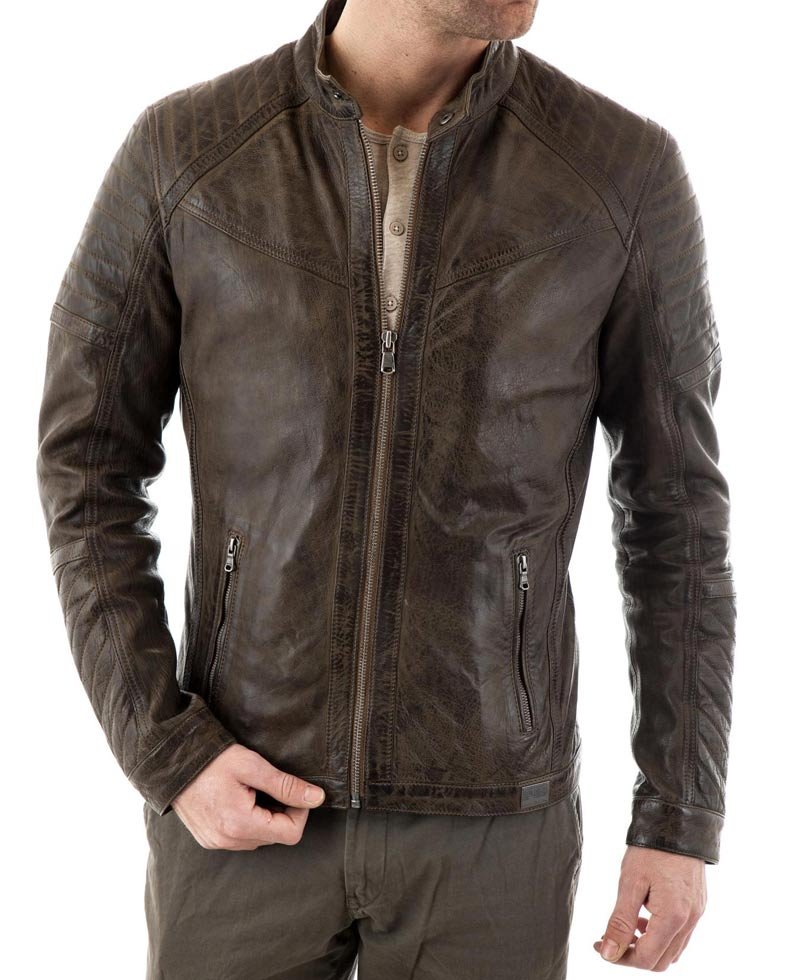 Men's Waxed Brown Leather Quilted Shoulder Jacket