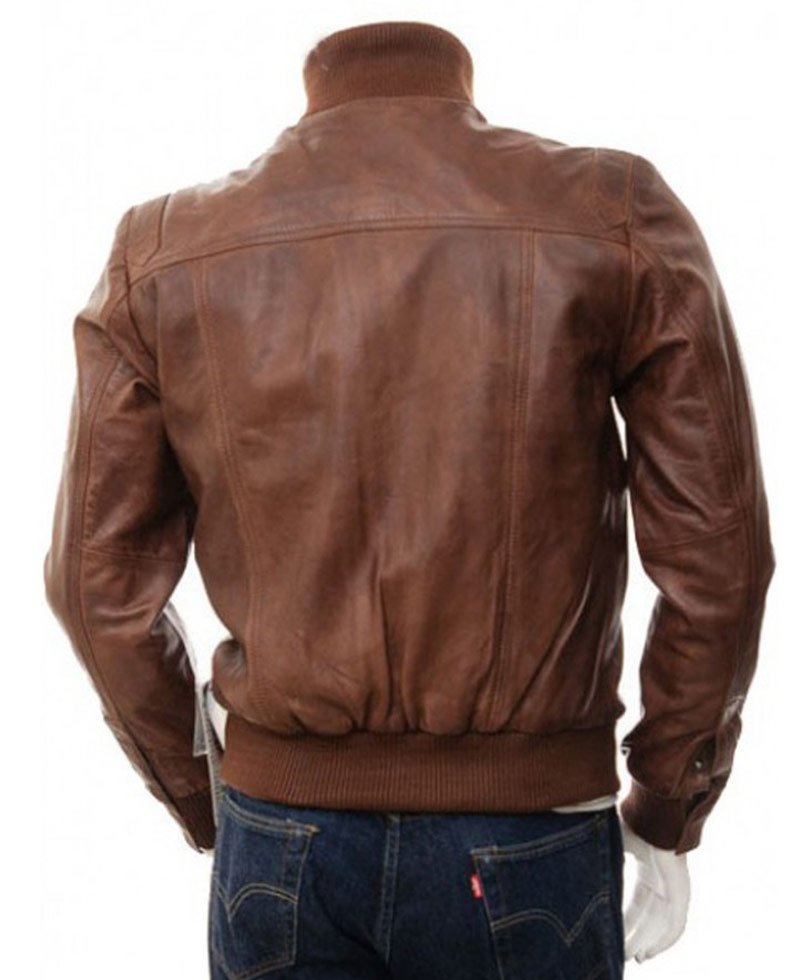 Men's Motorcycle Stand Collar Brown Leather Bomber Jacket