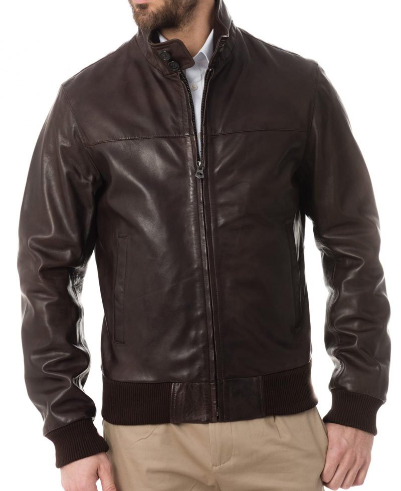 Men's Casual Stand Collar Bomber Brown Leather Jacket