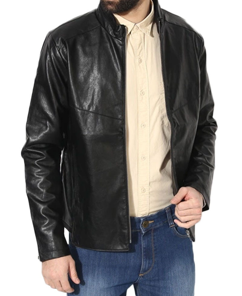 Men's Simple Look Stand Collar Black Leather Jacket