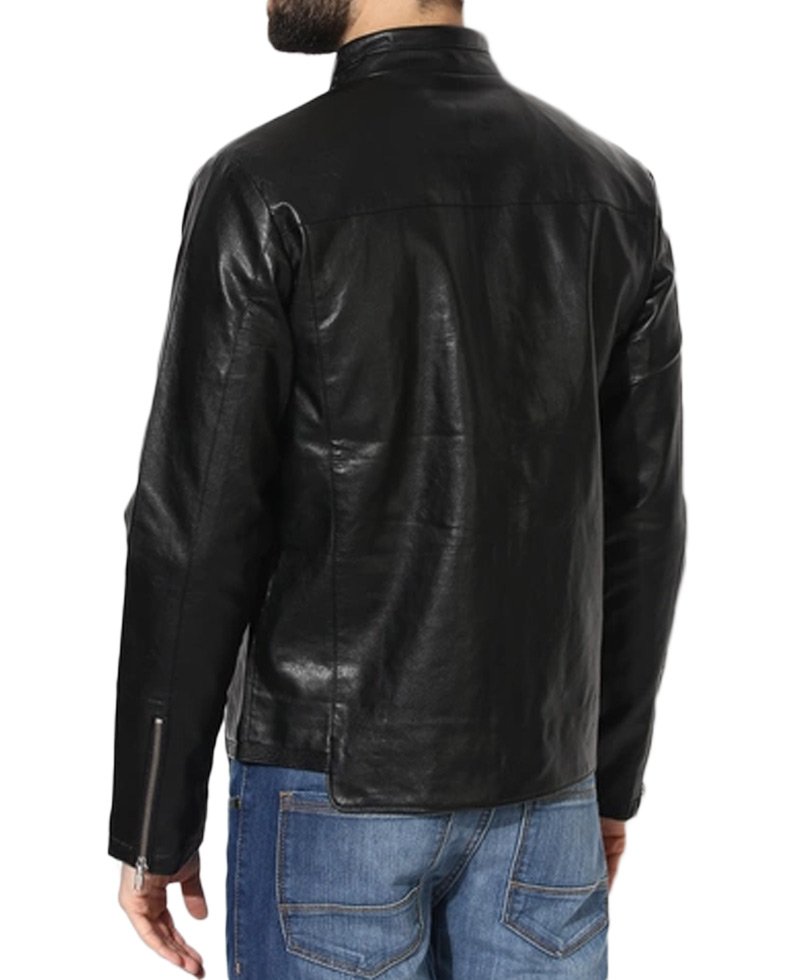 Men's Simple Look Stand Collar Black Leather Jacket