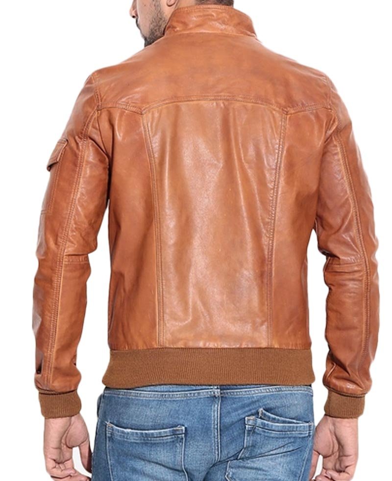 Men's Stand Collar Bomber Tan Brown Leather Jacket