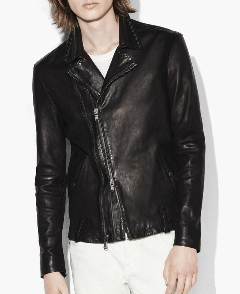 Men S Studded Collar Black Leather Biker Jacket Jackets